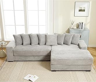 WILLIAMSPACE 111" Sectional Sofa Couch for Living Room, Modern Upholstered L-Shape Sofa 3 Seater Couch with Chaise & Pillows, Contemporary Corner Sofa for Apartment, Corduroy (Right-Facing,Gray)