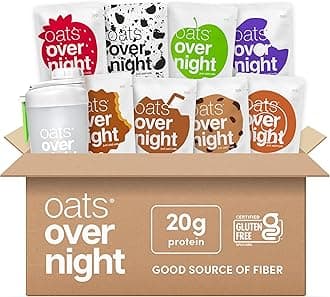 - Oats Overnight Party Variety Pack - High Protein, High Fiber Breakfast Protein Shake - Gluten Free Oatmeal, Non GMO Oatmeal - Cookies & Cream, Coconut Cream Pie & More Flavors (8 Pack + Shaker Bottle)