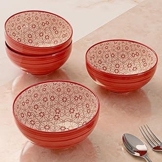 The Earth Store Multipurpose Ceramic Bowl Set of 4, 330 ML Each | Red Motif Bowl Dishwasher Safe & Microwave Safe, Ideal for Snacks, Vegetable, Dal, Fruits, Salad, Gifting & Daily Use