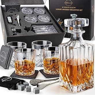 Whiskey Decanter Set with 12 Cooling Stones, 4 Glasses, 4 Slate Coasters and Tongs, Crystal Liquor Decanter Set for Men