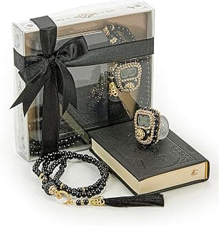 İhvan Online Medina Calligraphy Quran Set with Islamic Finger Counter, Portable Digital Prayer Tasbeeh, Pearl Zikirmatic Beads, 3 Pieces Gift for Ramadan & Eid & Mawlid (Black)
