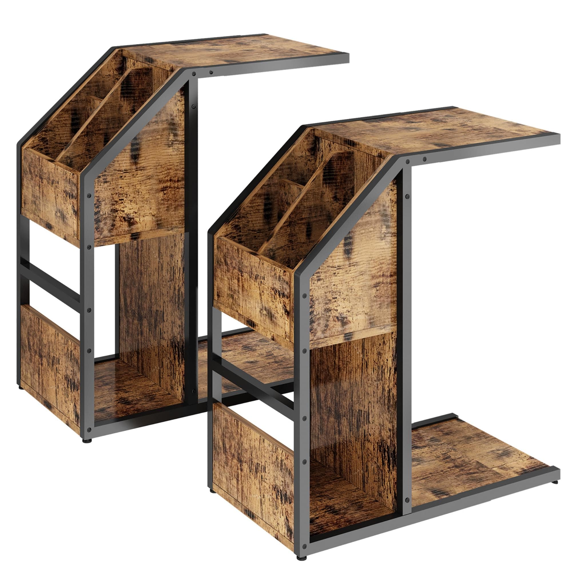 AWQMC Shaped End Table with Storage Compartment, 2-Pack, Small Side Tables for Couch, Living Room, Bedroom, Industrial Style Beside Table, Sofa Table, Snack Table, Bed Side Table