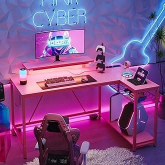 52" Gaming Desk with Integrated Power Outlet & USB Ports, L-Shaped Computer Desk with LED Strip & Headphone Hooks, Perfect for Home Office Pink
