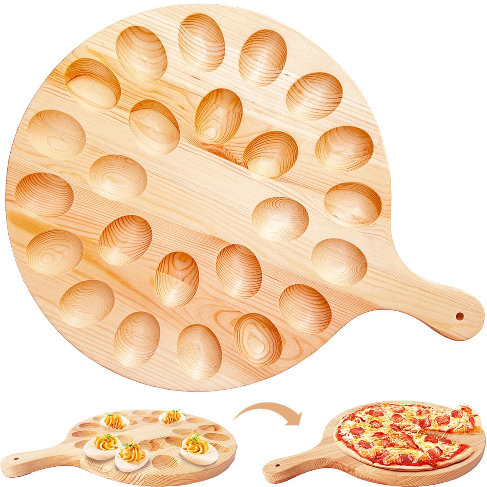 Deviled Egg Platter,Wooden Deviled Egg Tray,Reversible 24 Holes Round Egg Holder Container Charcuterie Board for Kitchen Countertops,Serving Tray