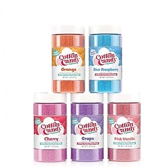 Floss Sugar Variety Pack with 5 - 11oz Plastic Jars of Orange, Blue Raspberry, Pink Vanilla, Grape, & Cherry Flossing Sugars. Use with Cotton Candy Express Countertop Machine