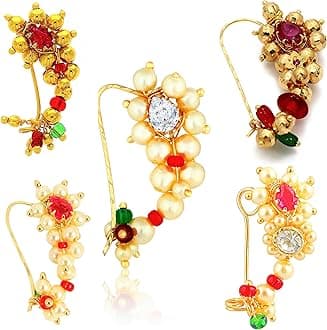 Maharashtrian Traditional Pearl Temple Jewellery marathi Banu Nathiya Nose pin Nath Nose Ring for Wedding Women Girls design Combo Gold Press pin Non pierced (5 pcs) -NATH COMBO-144