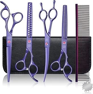 Moontay Dog Grooming Scissors Set Professional, 7 Inch Pet Grooming Scissors, 8 in 1 Straight, Curved, Thinning, Fishbone Scissors with Comb, Tension Adjuster, Cleaning Cloth and Storage Case, Purple