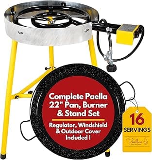 Grehge omplete Paella Pan Burner & Stand Set - Double Propane Burners, 22 Inch Pan Set - Outdoor Gas Stove - Portable Cooking - Wok Burner, Table Top Burners - Camping Grill, Backyard & Patio Stove