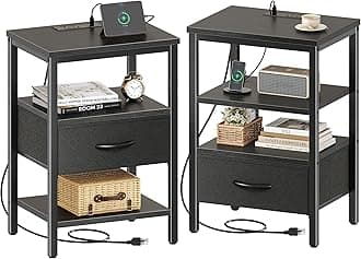 SUPERJARE Nightstand Set of 2, Bed Side Tables with Charging Station, Adjustable Fabric Drawer, Night Stand for Bedroom, 3-Tier Storage End Tables, Black