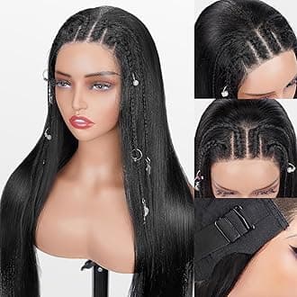 Glueless Human Hair Lace Front Wigs for Women: Pre-Plucked, Pre-Cut, Pre-Styled with Braids, 6x4 Straight Wig with Bling Accessories, 24 Inch, 180% Density, Natural Color