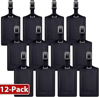 Travelambo 12 Pack Luggage Tags for Suitcases Privacy Protection Bag Tags Faux Leather Travel Accessories Essential, Black