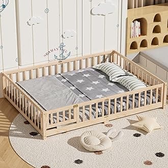 i-POOK Queen Floor Bed for Children, Sturdy Wood Montessori Bed Frame with Wood Slats, High Fence & Small Door, Montessori Floor Bed for Girls and Boys, Natural