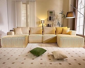 WorthFurni Cloud Modular Sofa Couch with U-Shape Chaise and Big Ottoman Modern Sectional with Deep Seat, Upholstered Couches for Living Room,No Assembly Required, Plush Corduroy Fabric 139.37"(Beige)
