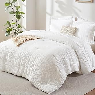 King Size Comforter Set White Seersucker 7 Pieces Bed in a Bag King Comforter Set with Sheets, Luxury Soft Bedding Sets with Down Alternative Comforter, Sheets, Pillowcases & Shams All Seasons