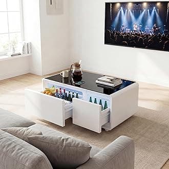 Smart Coffee Table, Living Room Table with Built in Fridge, 23" D x 41.5" W x 18.2" H, 15W Wireless Charging, USB Chargers and Speakers (LT90, White)