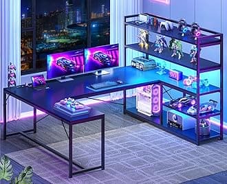 SEDETA L Shaped Gaming Desk, 63'' Reversible Computer Desk with Power Outlet and Storage Shelves, Corner Gaming Desk with LED Lights, Bookshelf for Home Office, Black
