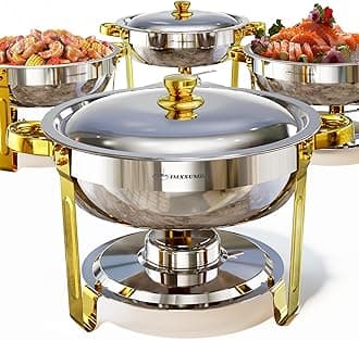 Chafing Dishes for Buffet Set 4 Pack, 5QT Round Dish Buffet Servers and Warmers High Grade Stainless Steel Food Warmers for Parties, Christmas Gatherings, Weddings, Catering, Gold & Silver