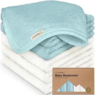 KeaBabies Pack of 6 Baby Washcloths - Soft Bamboo Wash Cloths for Babies, Children, Ultra Absorbent Newborn Bath Towels, 25 x 25 cm, Gentle for Sensitive Skin (White/Sky)