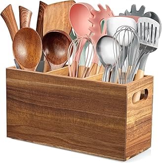 ALELION Acacia Wood Utensil Holder Organizer for Counter - Large Wooden Utensil Caddy for Countertop - 3 Compartment Cooking Tool Holder for Spatula - for Farmhouse Kitchen Decor and Accessories