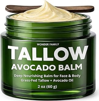 Beef Tallow & Avocado Balm for Skin & Face – Grass-Fed Beef Tallow with Avocado, Jojoba & Shea – Deep Moisturizer for Dry Skin – Includes Wooden Spatula & Pouch – For Men & Women