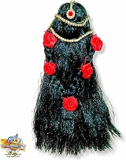 Flower Decoration Open Hair – Decorated Black Microfiber Kesh for Durga Maa, Radha Rani & All Devi Idol by The Kanha Store (8 INCH)