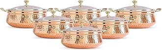 Indian Art Villa Steel Copper Hammered Design Handi/Bowl/Casserole with Toughened Glass Lid & Brass Knob & Handles, Volume-2200 ml, Pack of 6