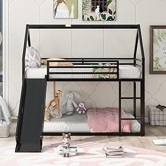 Twin Size House Bunk Beds with Slide and Roof for Boys Girls, Low Bunk Beds with Built-in Ladder and Guardrails for Bedroom Guest Room, No Box Spring Needed, Space Saving, Black