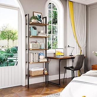 ODK 5-Tier Ladder Shelf, 74 Inches Wall Mounted Ladder Bookshelf with Metal Frame, Open Industrial Shelves for Home Office, Bedroom and Living Room, Rustic Brown