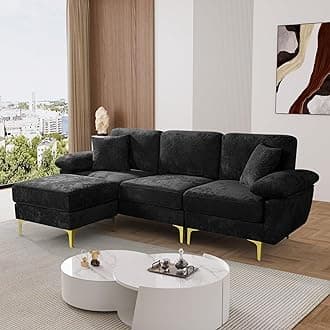 OUYESSIR L Shaped Sectional Sofa Couch, 3 Seat Velvet Sofa with Ottoman and Pillows, Upholstered Comfy Couch Sleeper for Living Room, Bedroom, 91 inches (Black)