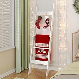 Blanket Ladder for Living Room, Decorative Quilt Rack with 4 Removable Hooks, 5-Tier Farmhouse Ladder Holder Shelf Organizer for Bedroom, White BR02113W