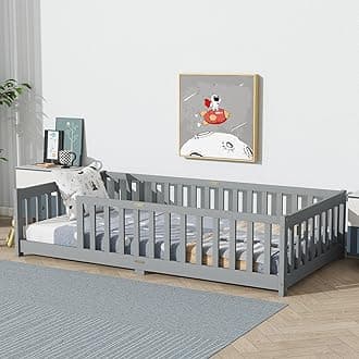 Twin Size Montessori Floor Bed for Kids,Twin Floor Bed Frame with Slats,Solid Wood Twin Bed Frame for Girls Boys,Grey