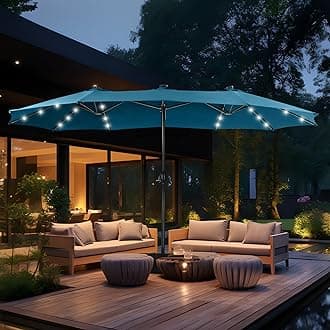 MFSTUDIO 15ft Double Sided Patio Umbrella with Solar Lights, Outdoor Large Umbrellas with Crank Handle and 36 LED Lights, Rectangular Market Umbrella with Base Included for Deck Pool Shade, Cerulean