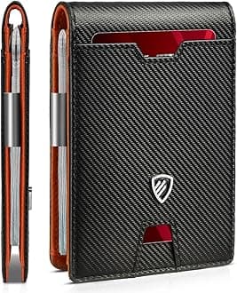 RUNBOX Mens Slim Wallet with Money Clip RFID Blocking Bifold Credit Card Holder for Men with Gift Box, Modern Black n Orange, Minimalist