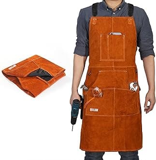 QeeLink Leather Welding Work Apron with 6 Tool Pockets, Heat & Flame Resistant Welder Aprons, 24" x 36", Adjustable M to XXXL, Brown, Small-5X-Large