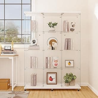 Curio Cabinets with Glass Doors Modern Glass Shelves Tempered Glass Display Cabinet with Lock Figure Display Case (4-Shelf 3-Door, White)