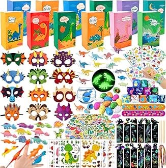 204PCS Dinosaur Party Favors, Dinosaur Birthday Party Decorations Supplies - 12 Dino Goodie Bags Fillers Stuffers for Kids Birthday Return Gifts, Classroom Treasure Box Prizes, Easter Egg Fillers