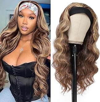 xccoco Glueless Headband Wigs for Black Women Brown Blonde Headband Wig Long Loose Curly Synthetic Wig 24inch 4/27 Highlight Honey Blonde Wig with Headband,200% Denisty