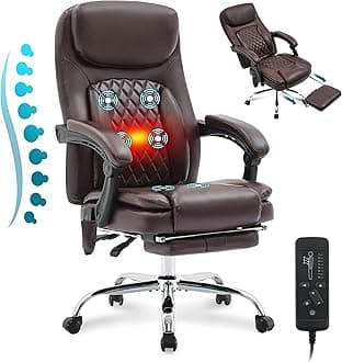 6-Point Massage Office Chair with Heated, Ergonomic Office Chair with Footrest & 45°Reclining High Back, Big and Tall Executive Office Chair 500LBS, Thick Cushion Desk Chair for Home Office, Brown(PU)