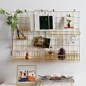 Steel Wall Grid Photo Frame for Wall with 10 Wooden Deginer Clips | DIY Metal Mesh Wire Grid for Photo Display, Wall Decor, Memo Organizer | Aesthetic Room Decoration for Home, Living Room & Office (Golden, 65x45cm)