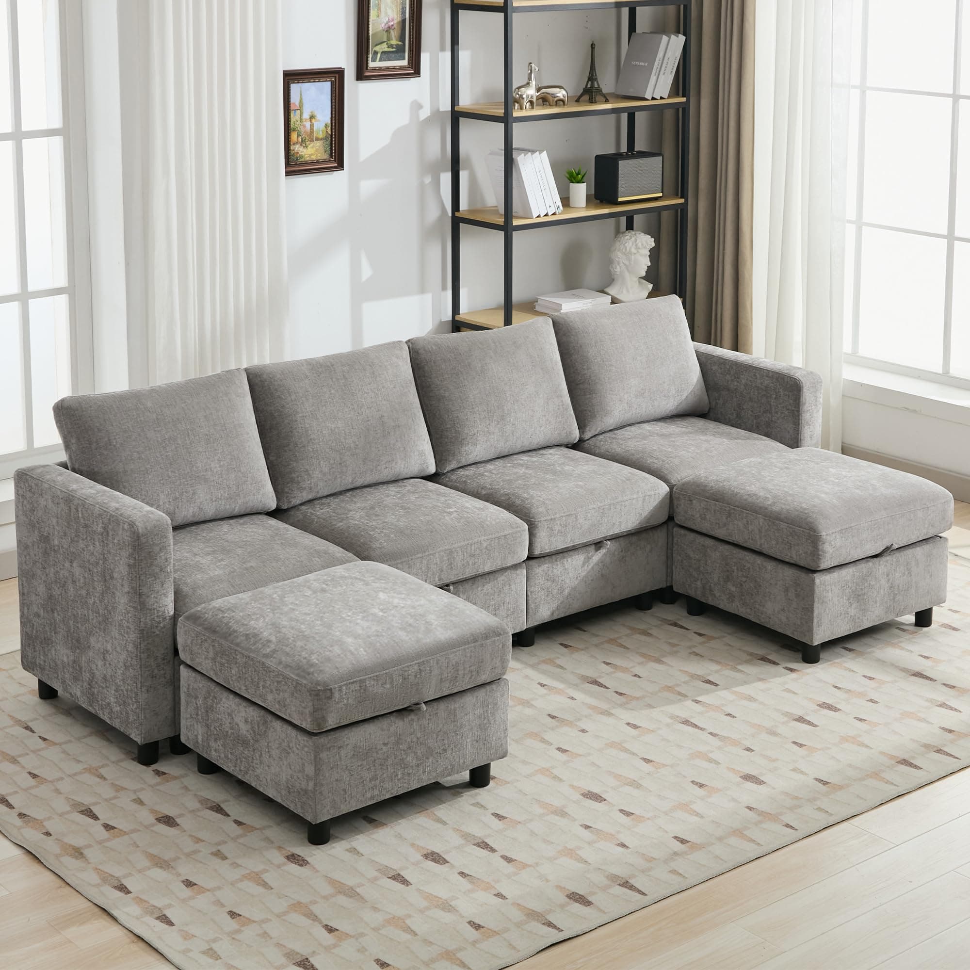 107”Modular Sectional Sofa Convertible U Shaped Sofa Couch Set with Storage for Living Room, Modern 6 Seater Modular Sectional Couch with Movable Ottoman, Chenille(Light Grey)