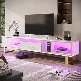 Bestier 80 Inch TV Stand for 65/75/85/90 Inch TVs, Modern LED Entertainment Center for PS5 with Open Storage and Drawer, High Gloss Media Console for Living Room Bedroom, White Marble