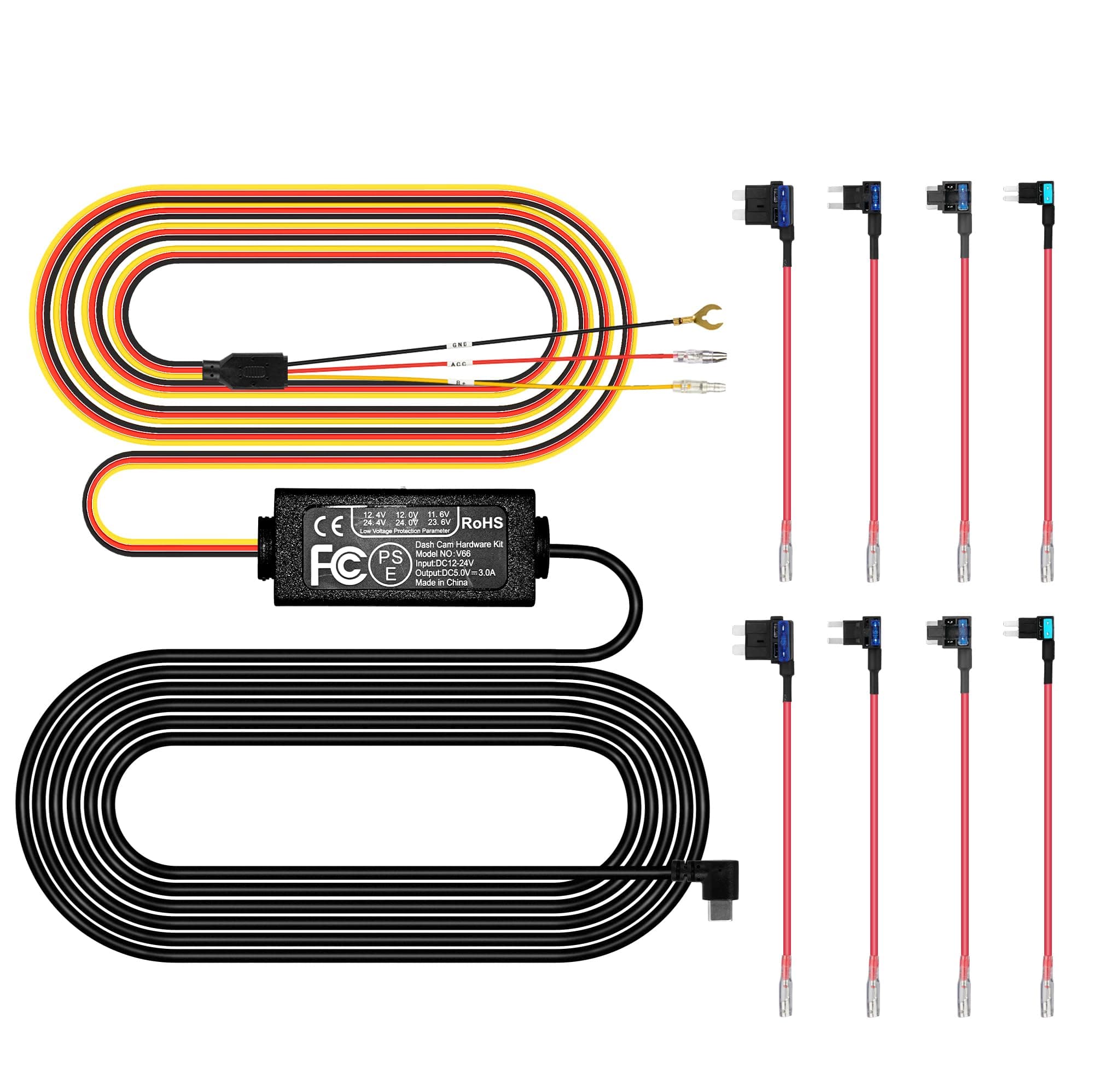 Dash Cam Hardwire Kit, Type-C Full Set Hard Wire Kit Fuse, 12V-24V to 5V Dash Camera Car Charger Cable Kit, Low Voltage Protection, LED Indicator, Double-4 Fuse Cable and Installation Tool