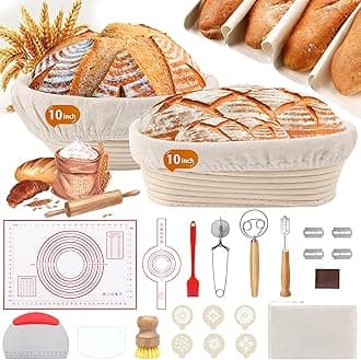 Sourdough Bread Baking Supplies, Sourdough Starter Kit for Bread Making Includes 10" Round & Oval Banneton Bread Proofing Basket with Liners Sourdough Kit for Making Baking Fermentation