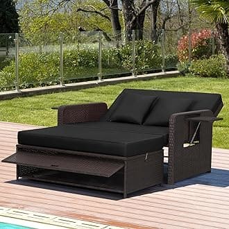 Nightcore Wicker Patio Outdoor Daybed, Outdoor Chaise Lounger w/ 4-Level Adjustable Backrest, Retractable Side Trays, Storage Ottoman, Comfortable & Removable Cushions, Rattan Loveseat (Black)