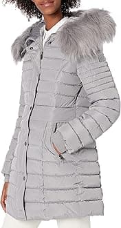 Kenneth Colewomens Waist Detail Faux Fur Trim Puffer Down Alternative Coat