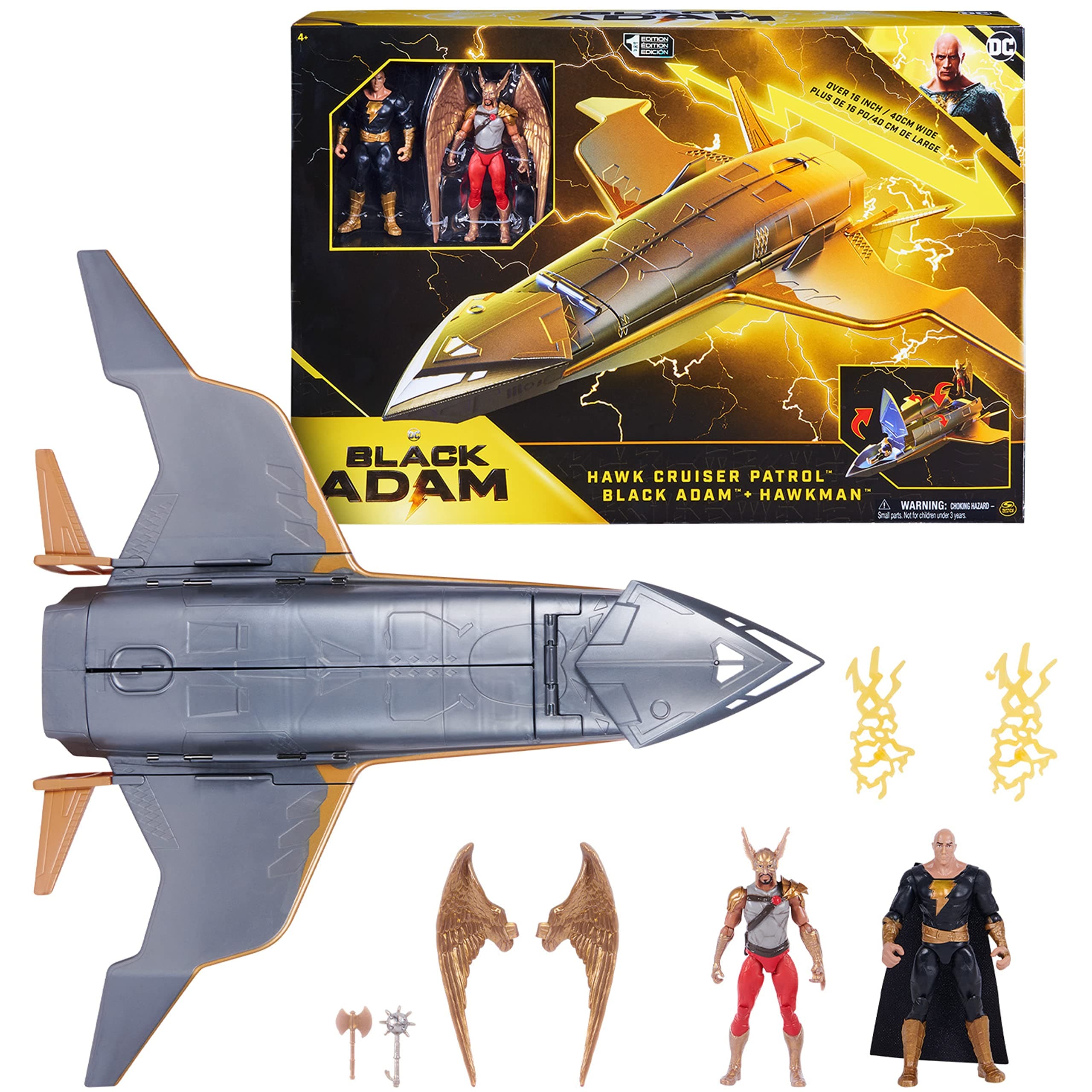 Hawk Cruiser Patrol, Includes Black Adam and Hawkman Action Figures, Over 16-inch Wide, First Edition, Super Hero Kids Toys for Boys and Girls Aged 4 and Up