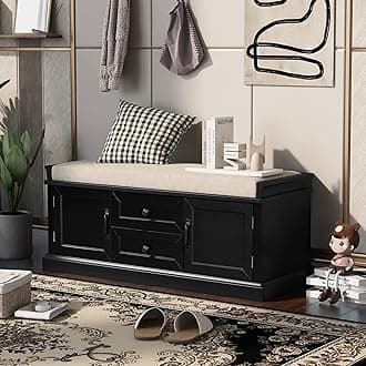 Merax Black Rustic Wood Shoe Storage Bench with 2 Drawers and 2 Cabinets for Entryway Hallway Front Door, Type 1