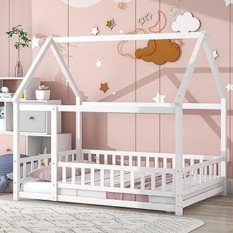 LLS Full Size House Bed with Safety Guardrails, Montessori Floor Bed with Roof Frame, Wood Bed Frame for Boys Girls, White
