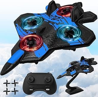 Remote Control Airplane for Beginners, 2.4GHz V17 Jet Fighter Stunt RC Airplanes, ABS, 3D Flip, Stunt Roll, Cool Light, 2 Batteries, RC Planes for Kids 8-12, Blue