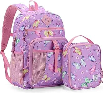 VASCHY Toddler Backpack Lunch Bag Set, Girls School Bookbag Insulated Lunch Box for Kids Preschool,Daycare,Kindergarten,Elementary School Butterfly